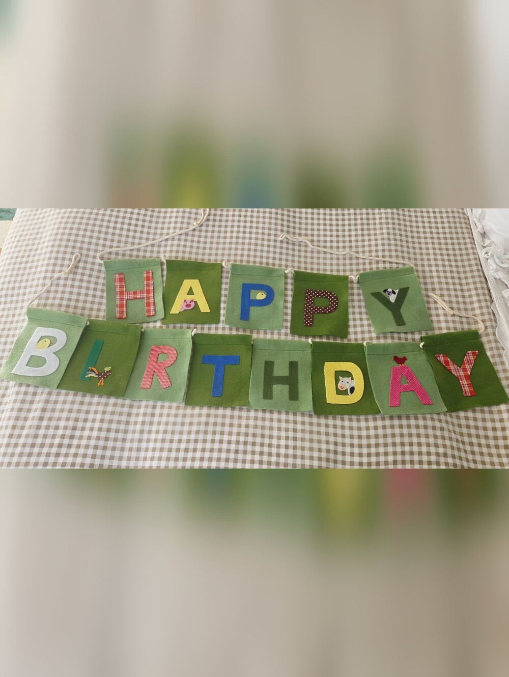 Pottery Barn Kids "Farm Party" Green Felt Birthday Banner With Plaids & Color - Picture 5 of 6